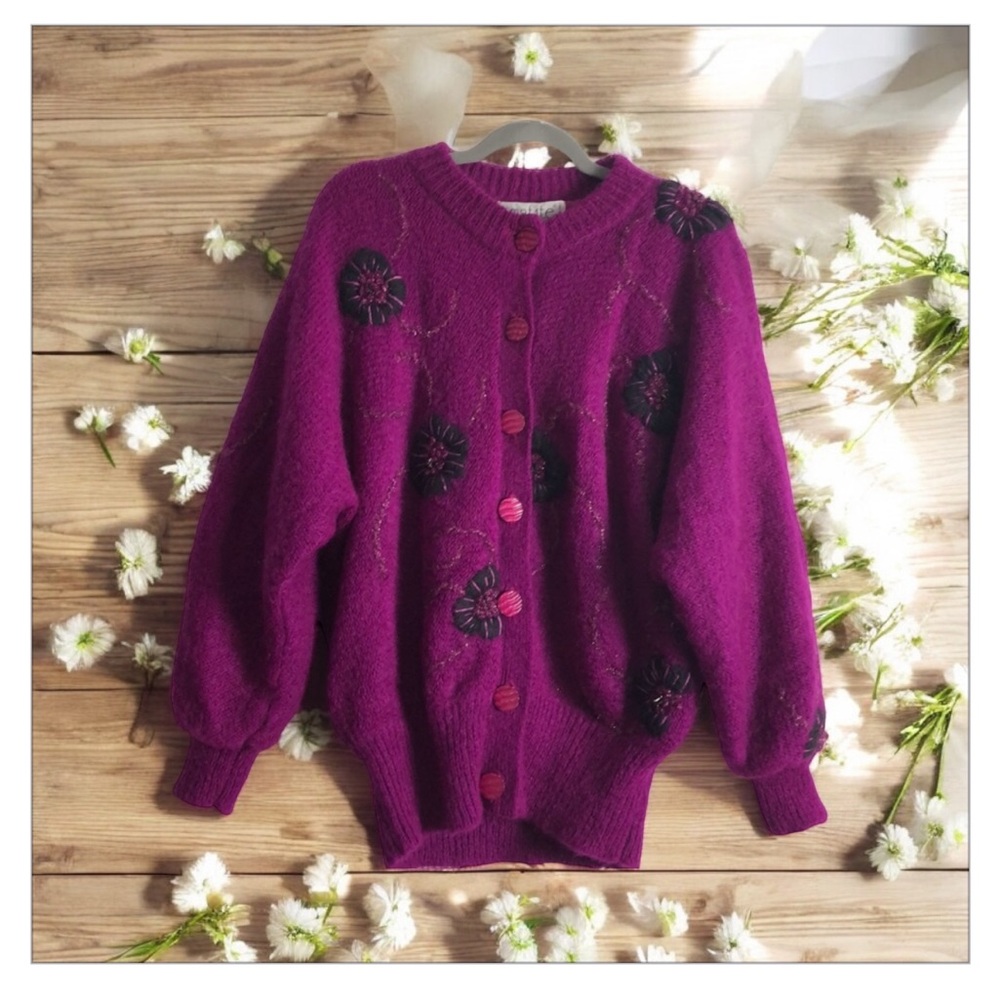 VTG Ematite Mohair-Wool sweater jacket, cardigan purple-embroidered floral 😍boho